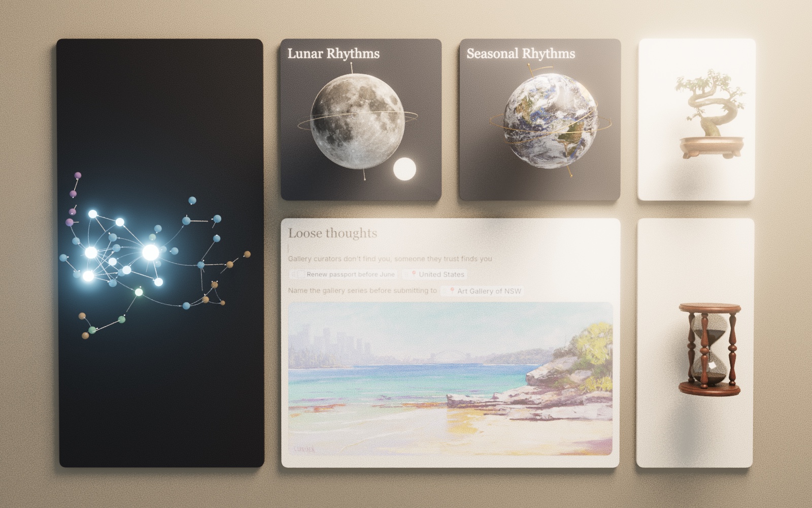 Kairos Lifemap — notes, natural rhythms and a causal roadmap laid out as cards in a path traced 3D scene